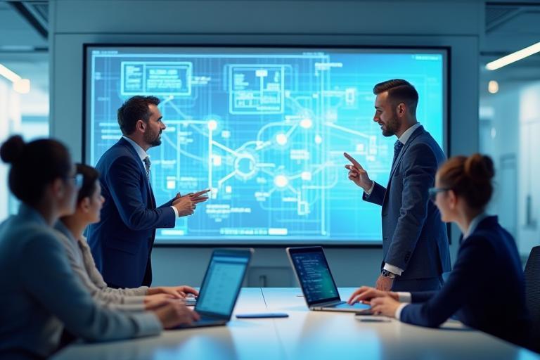 NetzWerk Solutions expert team collaborating on a network diagram in a modern office