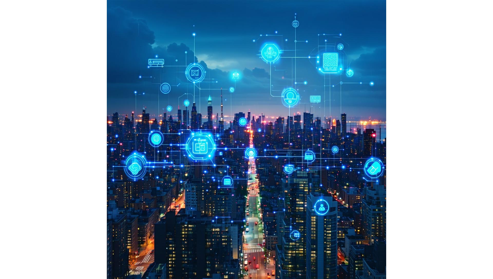 Modern telecommunications network infrastructure connecting a city skyline at dusk