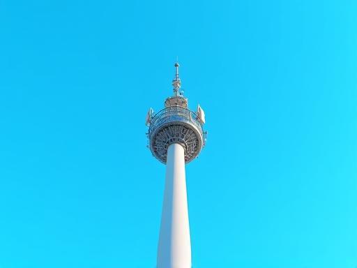 Modern 5G antenna tower against a clear blue sky