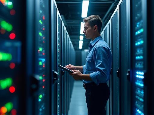 Technician checking network equipment in a server room