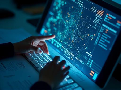 Network planning diagram on a screen with engineers analyzing data