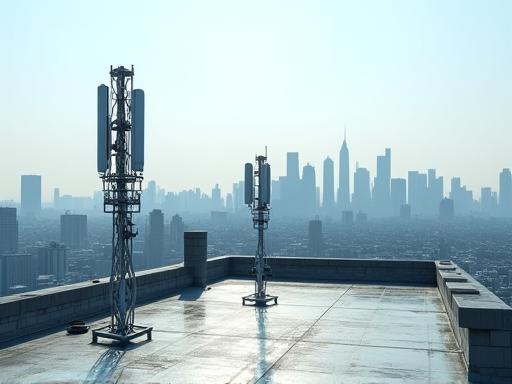 Building rooftop with telecommunication antennas overlooking a city